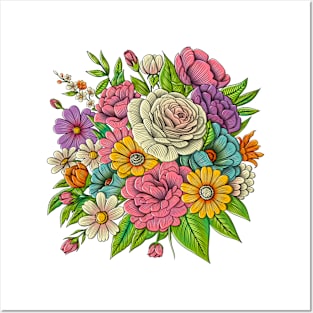 Roses and Colorful Flowers Pattern. Hand Drawn Floral Print Posters and Art